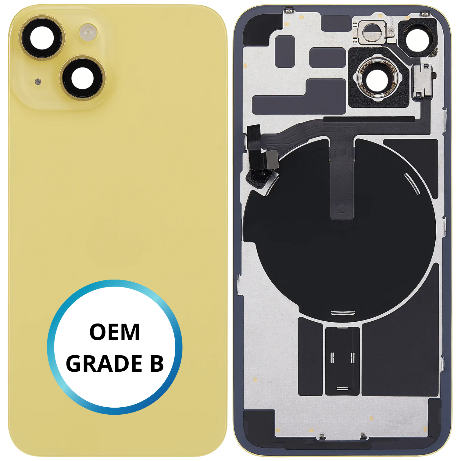 Vitre arrière assemblée - iPhone 14 Jaune - NFC + FLASH (ORIGINAL PULLED GRADE B)