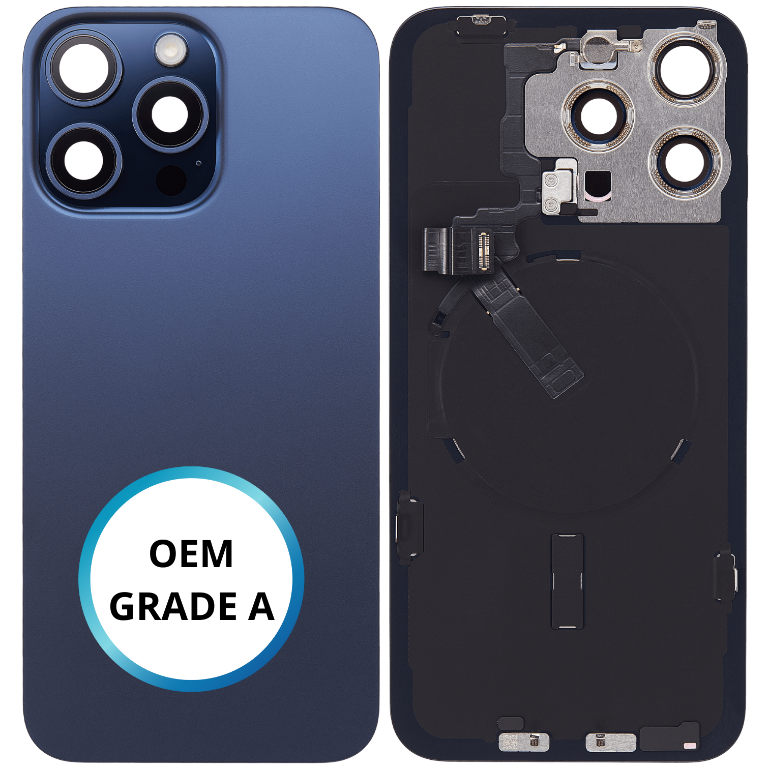 Vitre arrière assemblée - iPhone 15 ProMax - Titane Bleu - NFC + FLASH (ORIGINAL PULLED GRADE A)