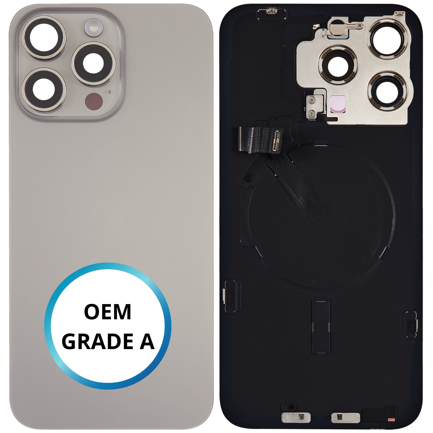 Vitre arrière assemblée - iPhone 15 ProMax - Titane Naturel - NFC + FLASH (ORIGINAL PULLED GRADE A)