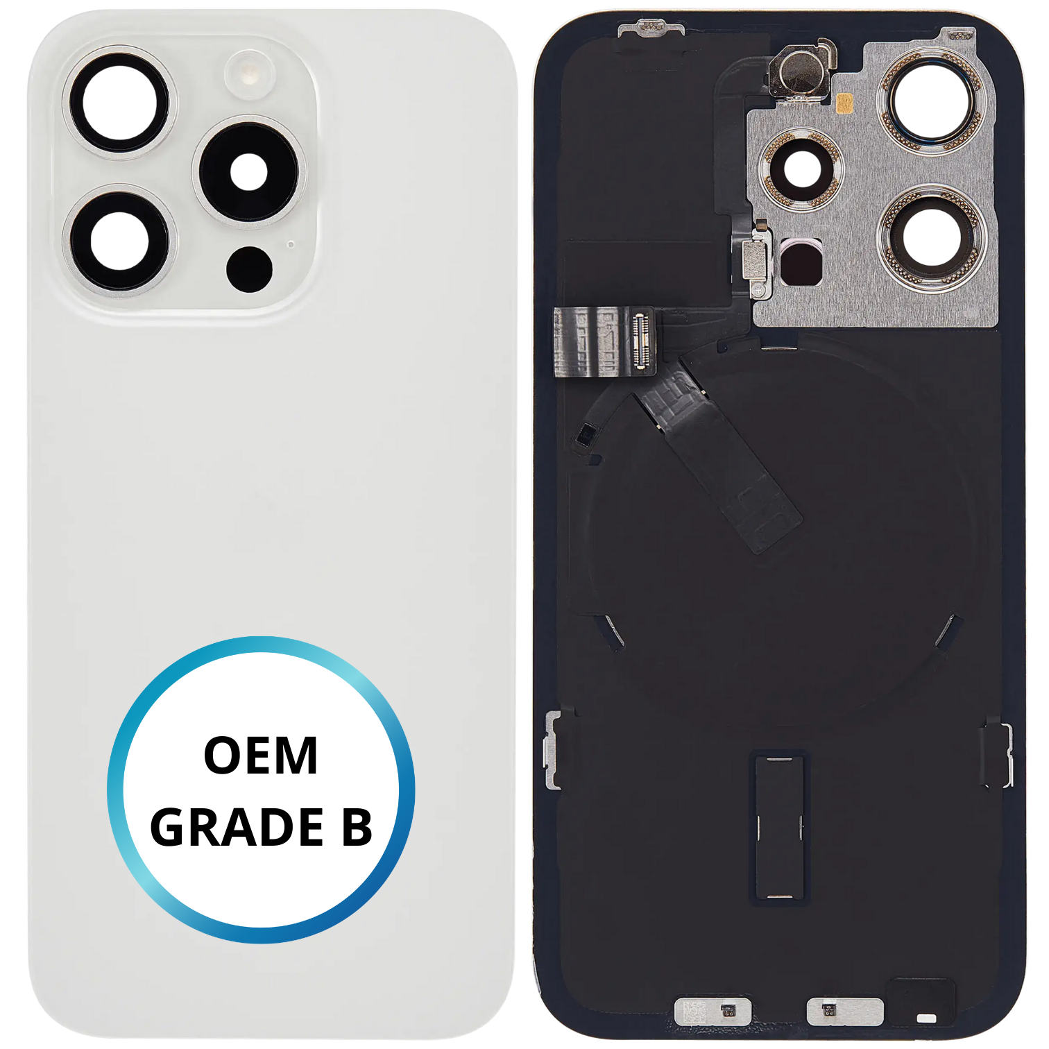 Vitre arrière assemblée - iPhone 15 Pro - Titane Blanc - NFC + FLASH (ORIGINAL PULLED GRADE B)