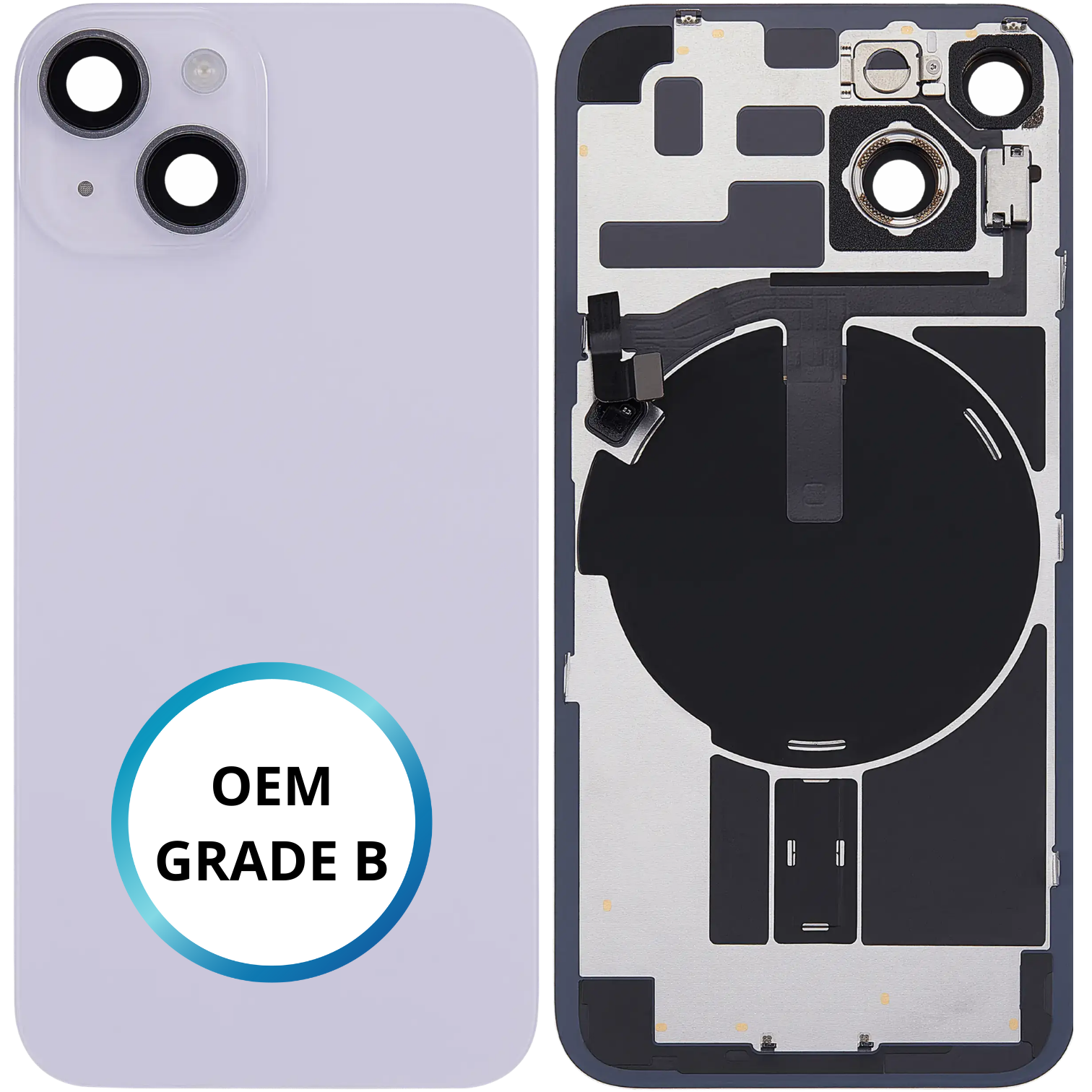 Vitre arrière assemblée - iPhone 14 Violet - NFC + FLASH (ORIGINAL PULLED GRADE B)