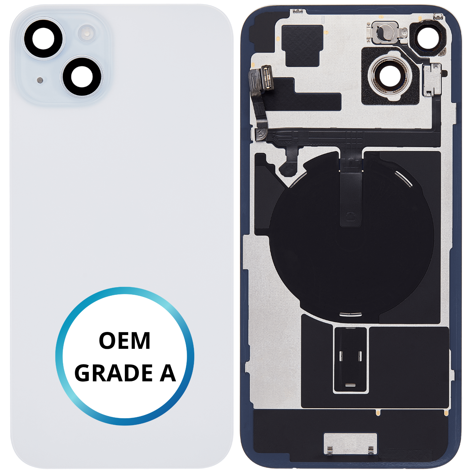 Vitre arrière assemblée - iPhone 15 Plus - Bleu - NFC + FLASH (ORIGINAL PULLED GRADE A)