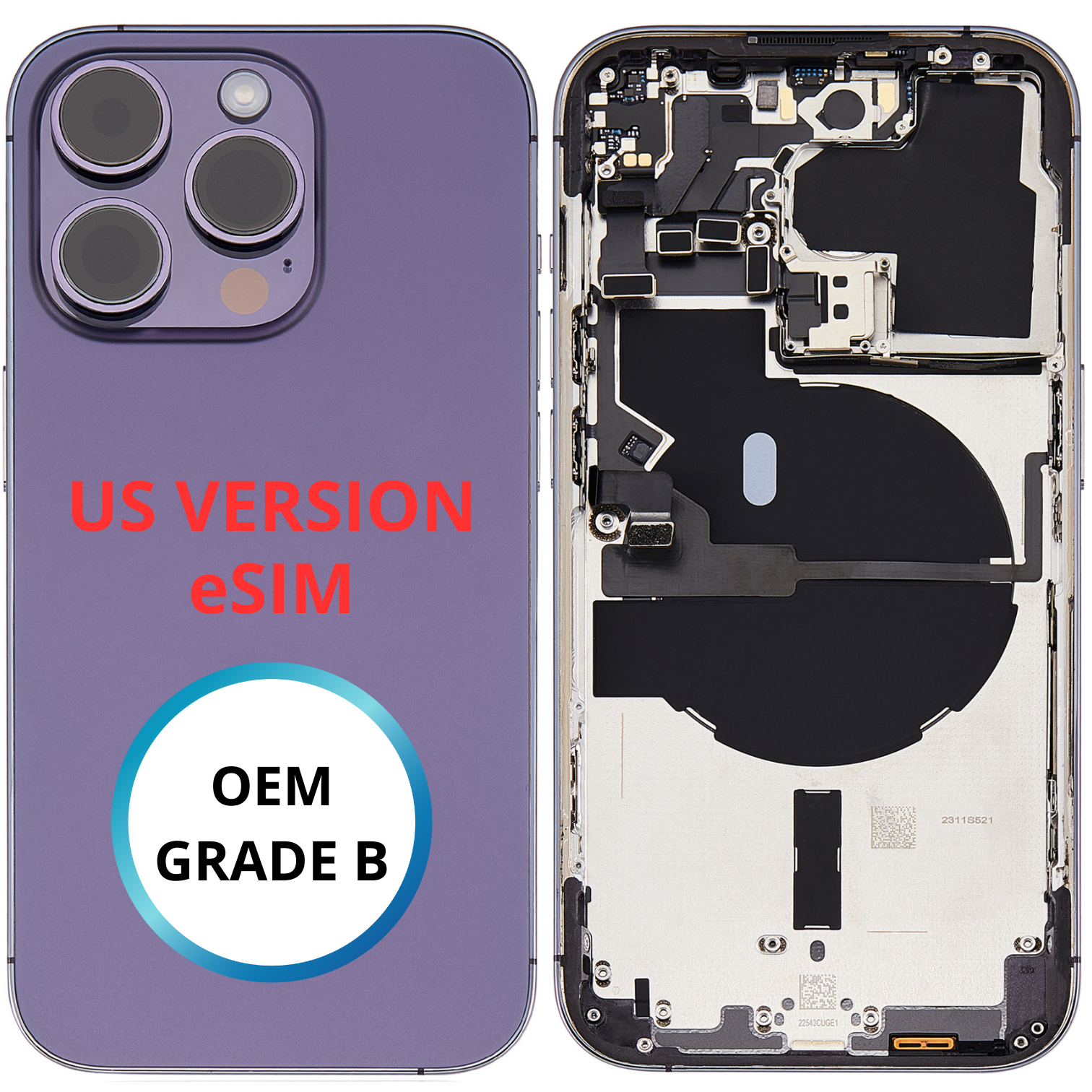 Châssis arrière - iPhone 14 Pro - eSIM US VERSION - Violet - Avec composants (ORIGINAL GRADE B)