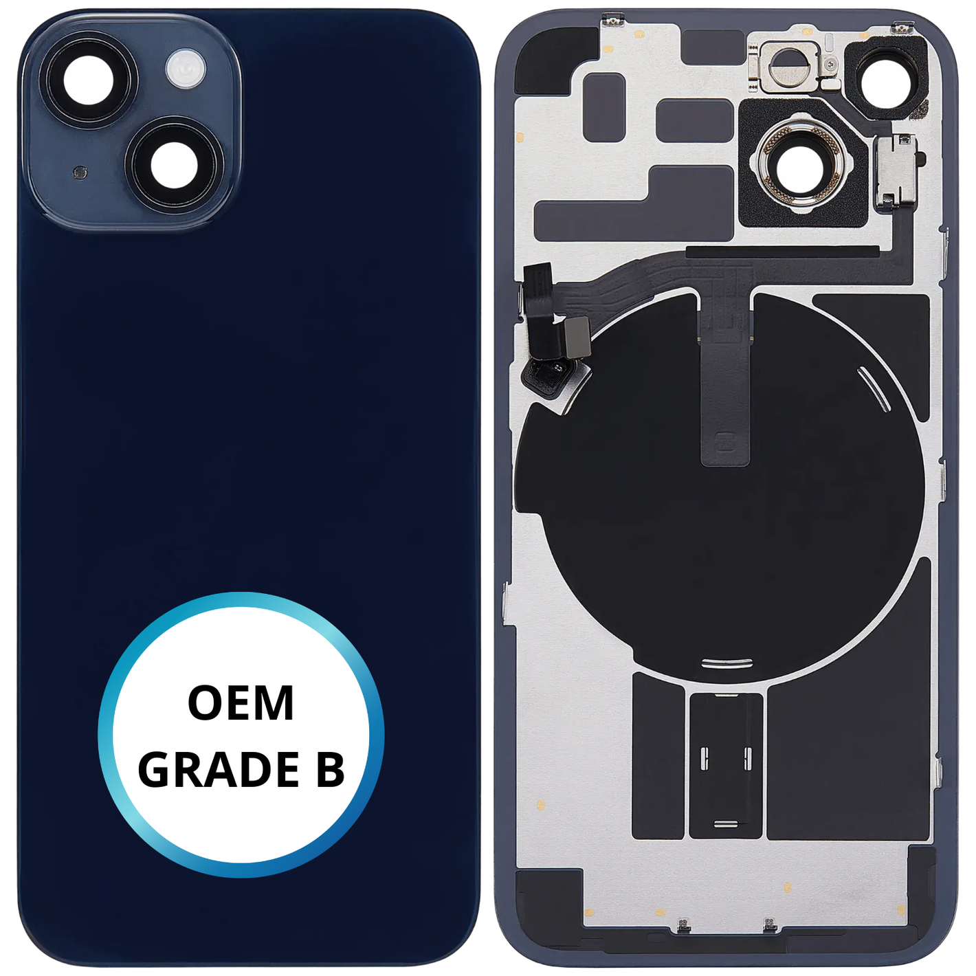 Vitre arrière assemblée - iPhone 14 Noir | NFC + FLASH (ORIGINAL PULLED GRADE B)