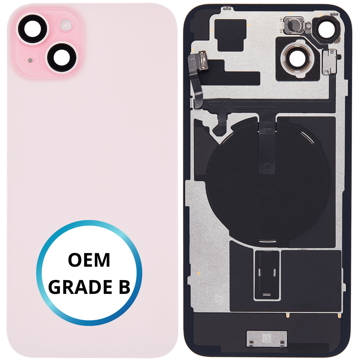 Vitre arrière assemblée - iPhone 15 Plus - Rose | NFC + FLASH (ORIGINAL PULLED GRADE B)