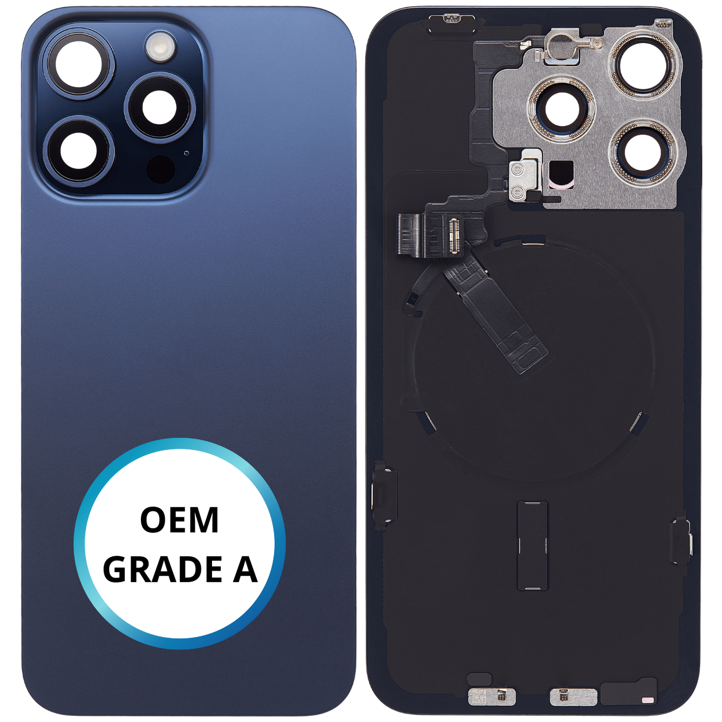 Vitre arrière assemblée - iPhone 15 ProMax - Titane Bleu | NFC + FLASH (ORIGINAL PULLED GRADE A)