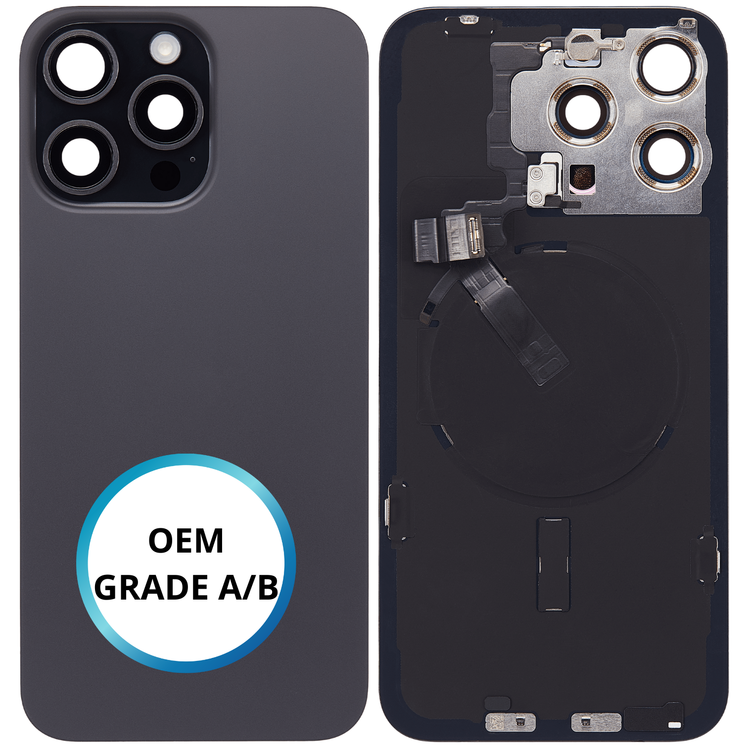 Vitre arrière assemblée - iPhone 15 ProMax - Titane Noir - NFC + FLASH (ORIGINAL PULLED GRADE A/B)