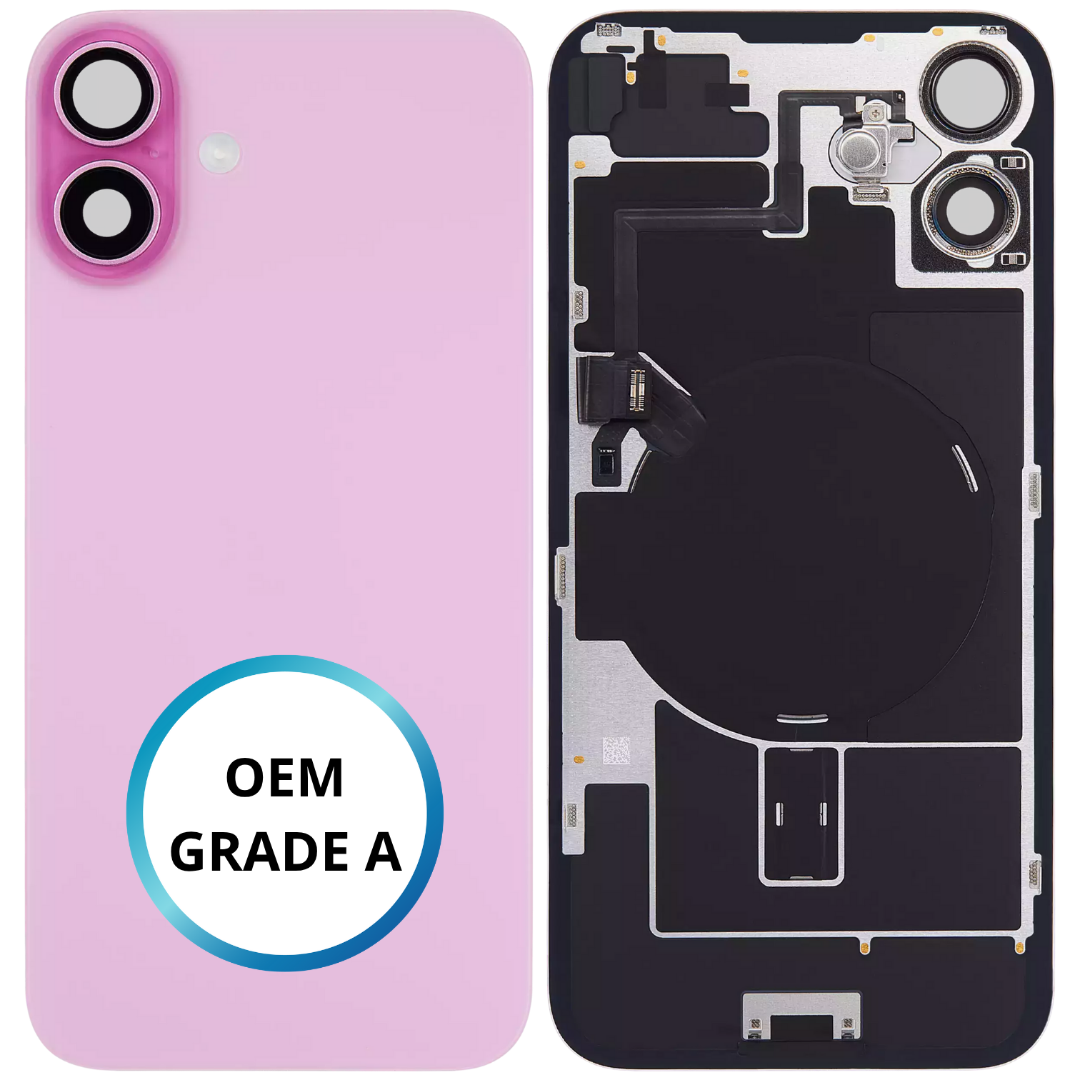 Vitre arrière assemblée - iPhone 16 - Rose - NFC + FLASH (ORIGINAL PULLED GRADE A)