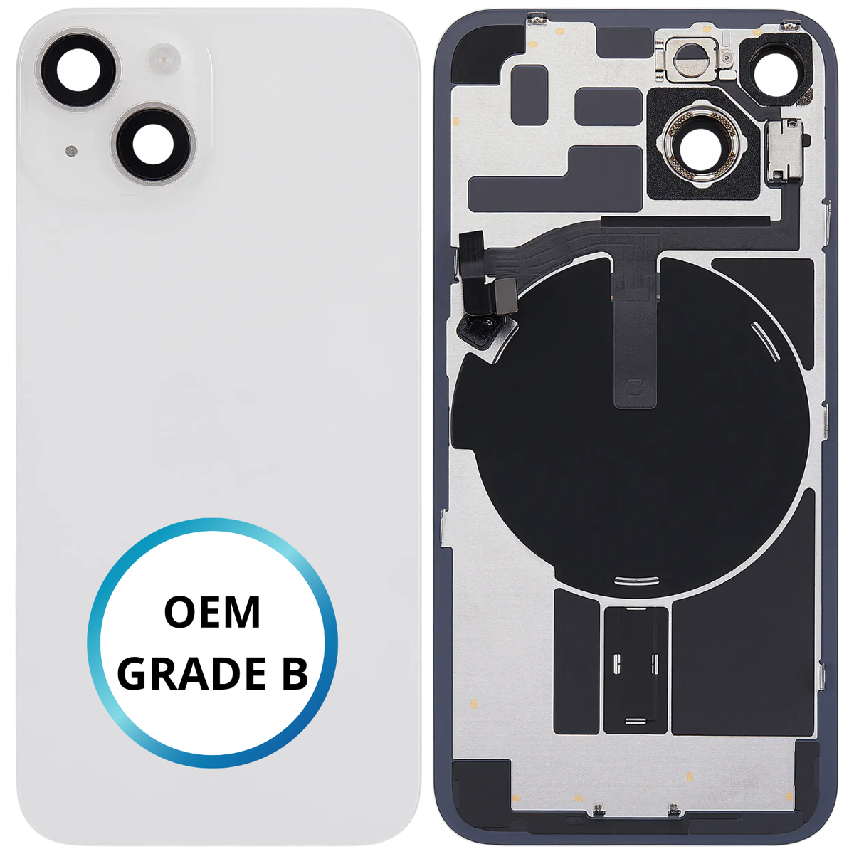 Vitre arrière assemblée - iPhone 14 Blanc | NFC + FLASH (ORIGINAL PULLED GRADE B)