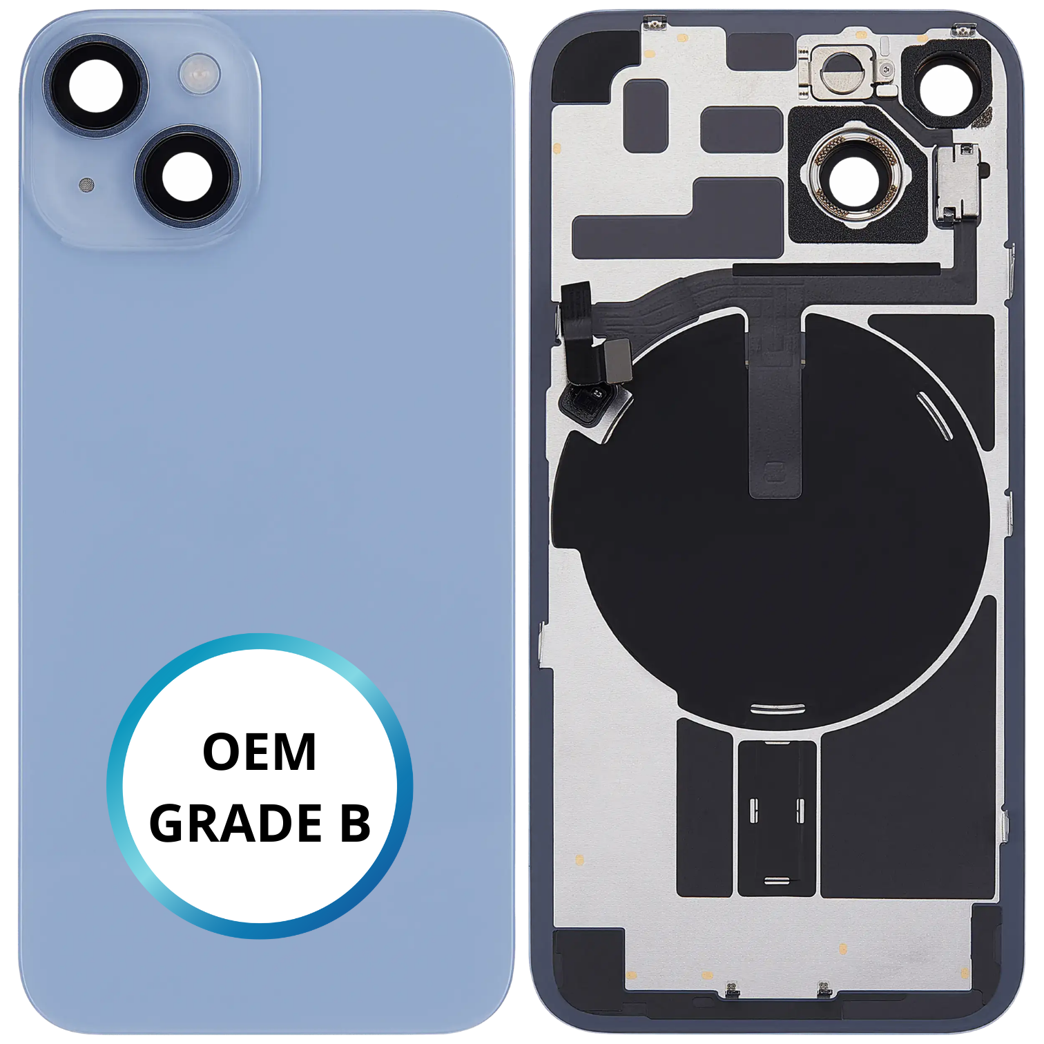 Vitre arrière assemblée - iPhone 14 Bleu - NFC + FLASH (ORIGINAL PULLED GRADE B)