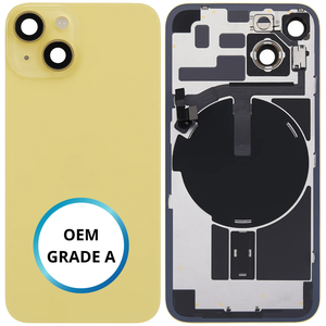 Vitre arrière assemblée - iPhone 14 Jaune - NFC + FLASH (ORIGINAL PULLED GRADE A)