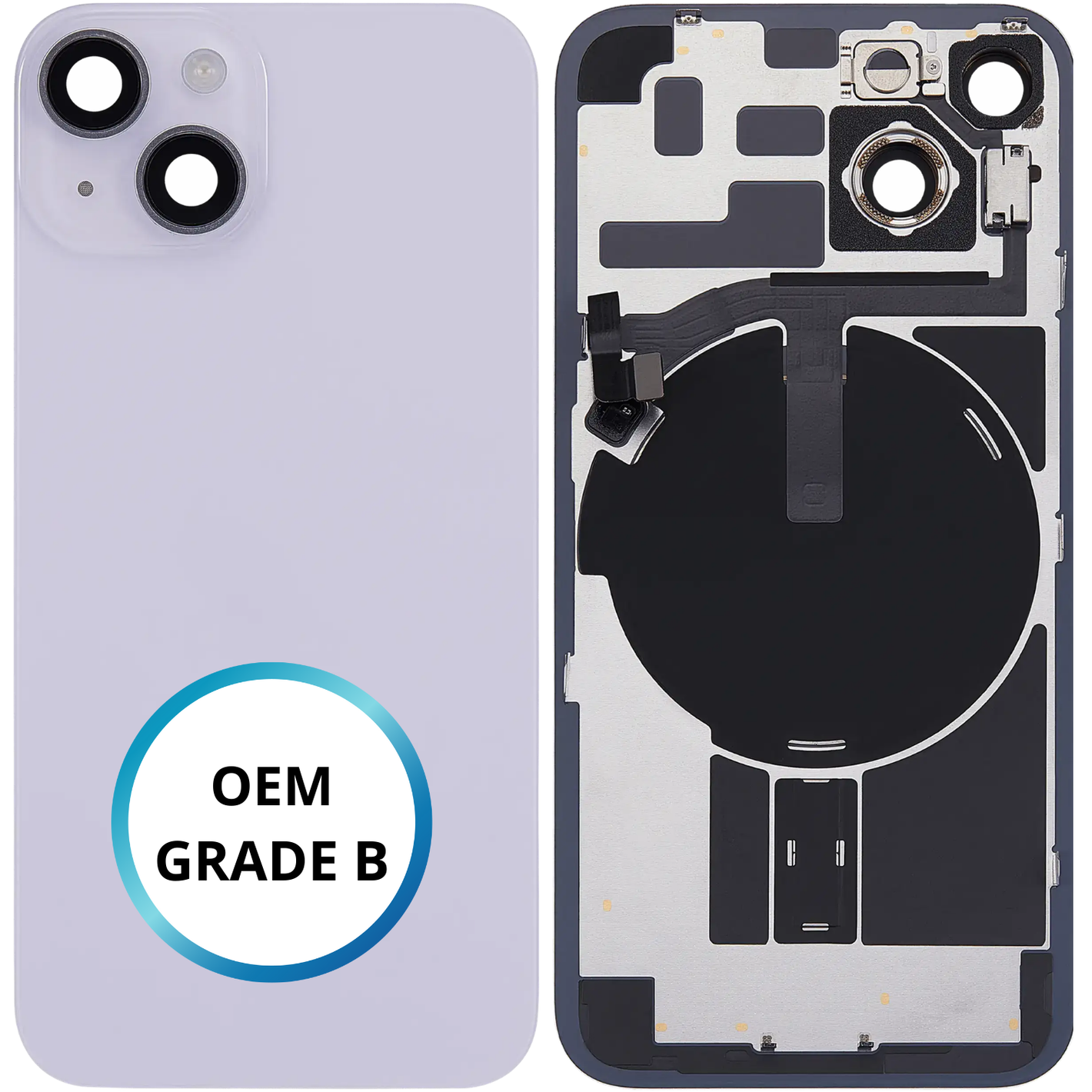Vitre arrière assemblée - iPhone 14 Violet | NFC + FLASH (ORIGINAL PULLED GRADE B)