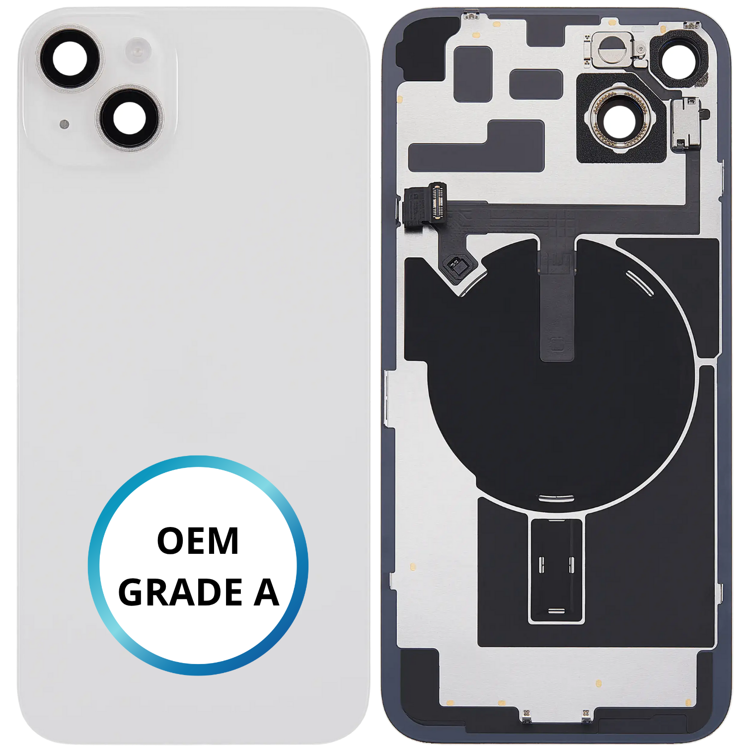 Vitre arrière assemblée - iPhone 14 Plus - Blanc - NFC + FLASH (ORIGINAL PULLED GRADE A)
