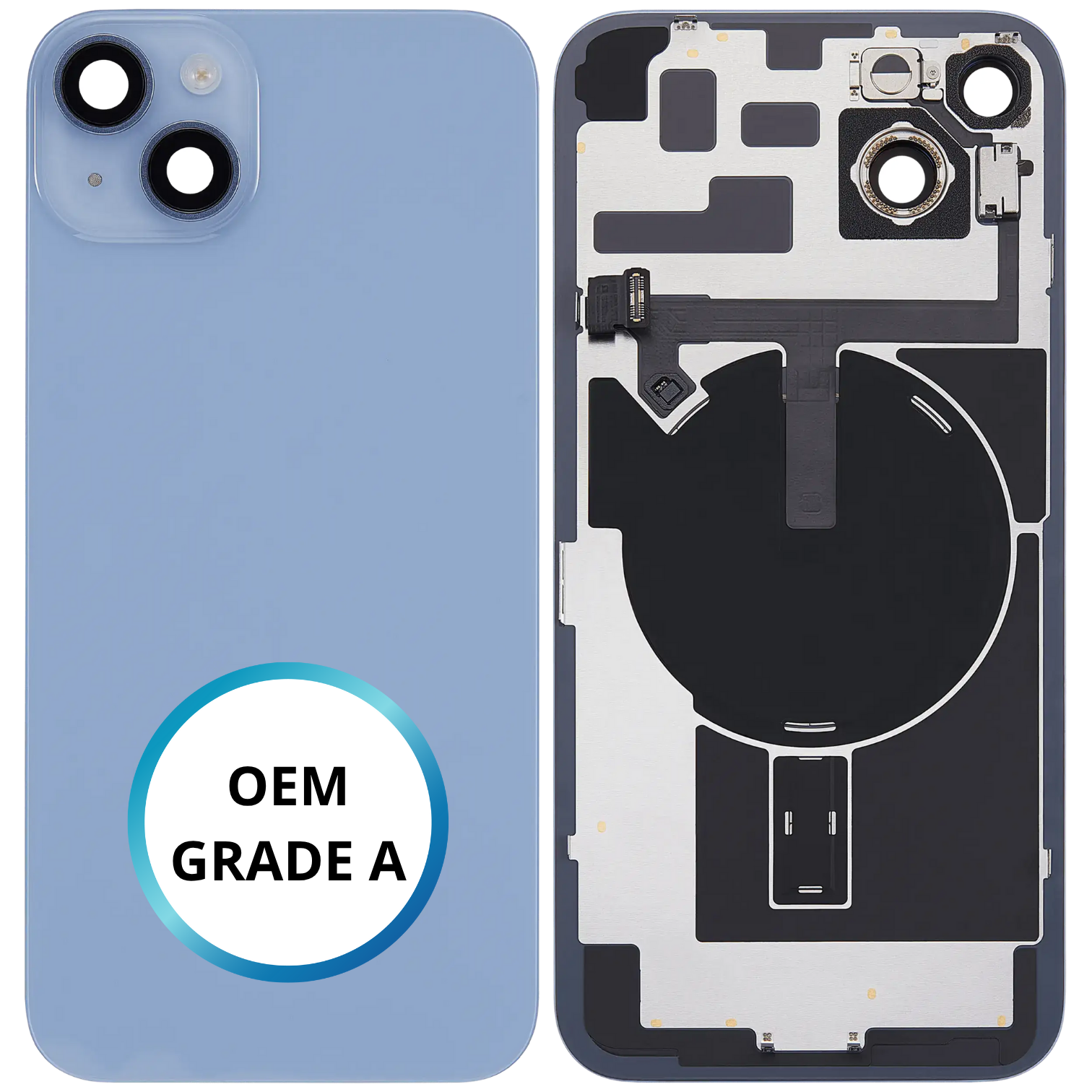 Vitre arrière assemblée - iPhone 14 Plus - Bleu - NFC + FLASH (ORIGINAL PULLED GRADE A)