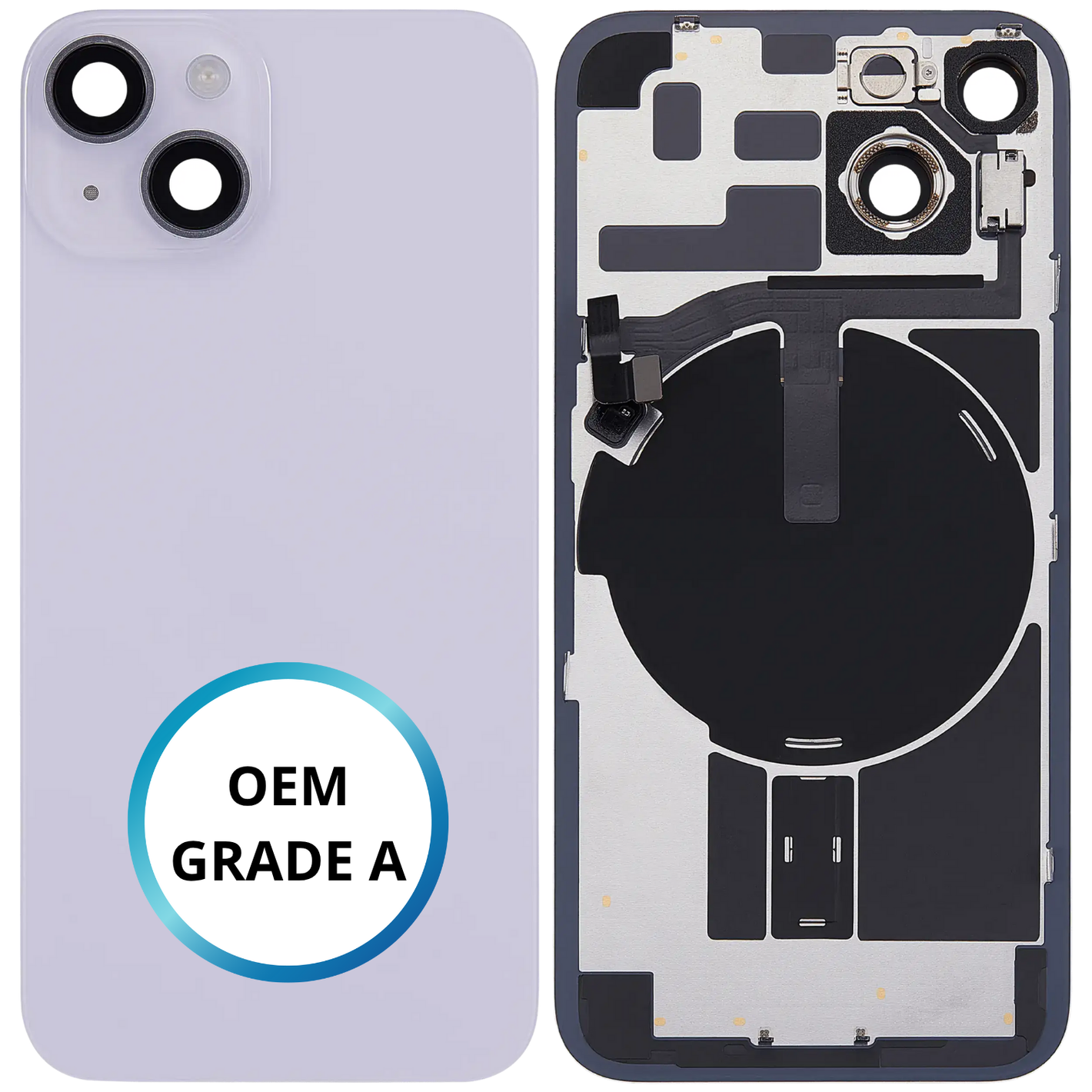 Vitre arrière assemblée - iPhone 14 Violet - NFC + FLASH (ORIGINAL PULLED GRADE A)