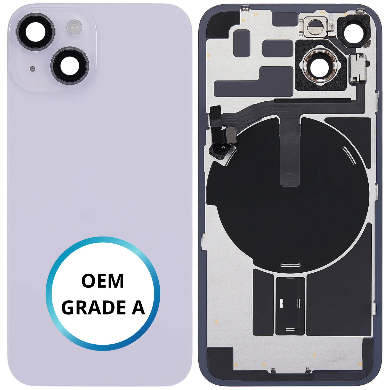 Vitre arrière assemblée - iPhone 14 Violet - NFC + FLASH (ORIGINAL PULLED GRADE A)