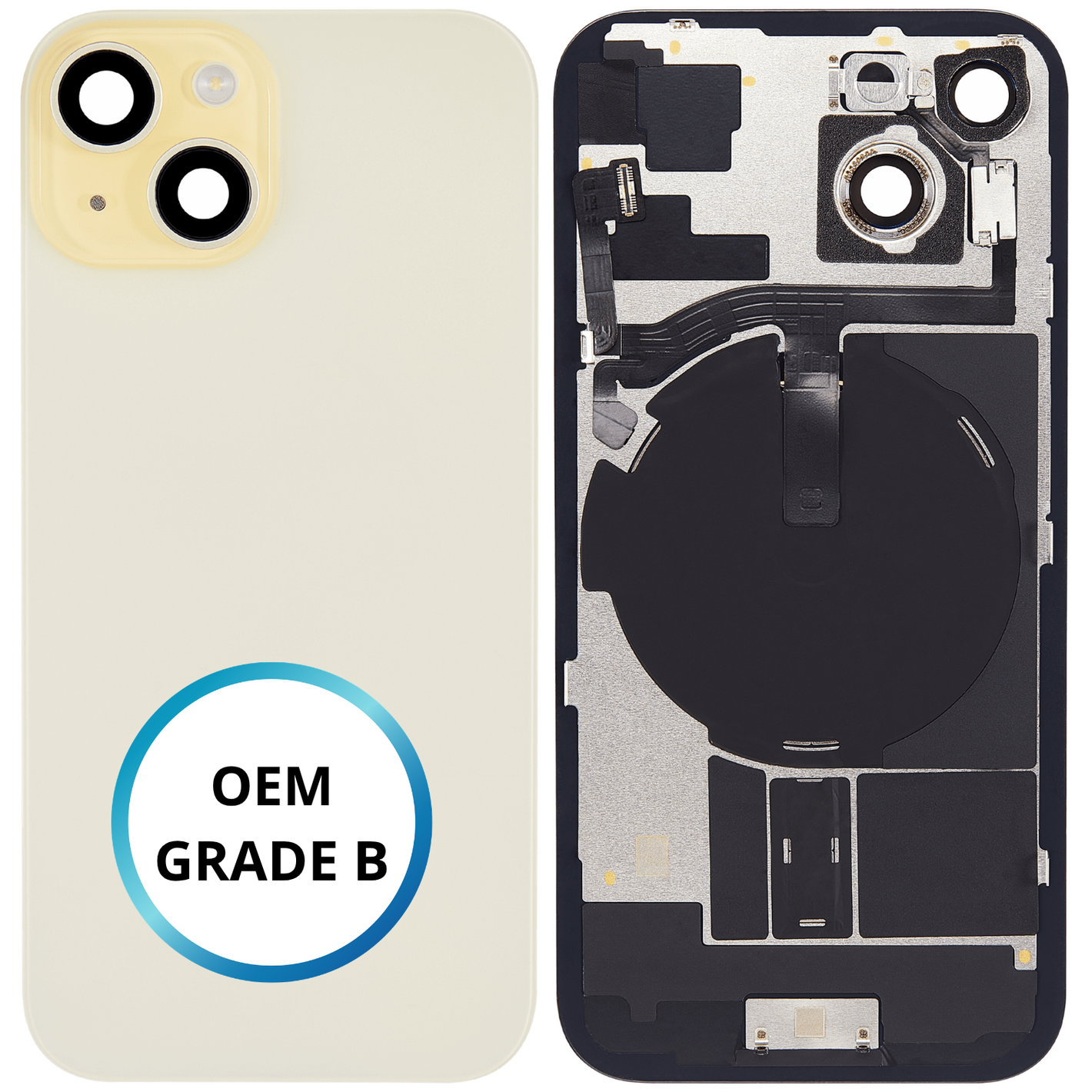 Vitre arrière assemblée - iPhone 15 - Jaune - NFC + FLASH (ORIGINAL PULLED GRADE B)