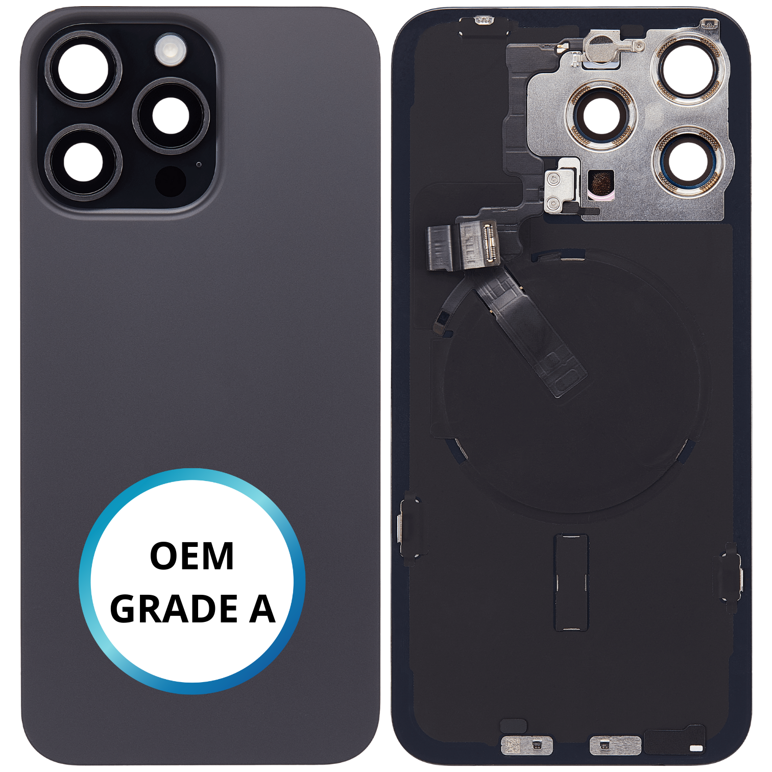 Vitre arrière assemblée - iPhone 15 ProMax - Titane Noir - NFC + FLASH (ORIGINAL PULLED GRADE A)