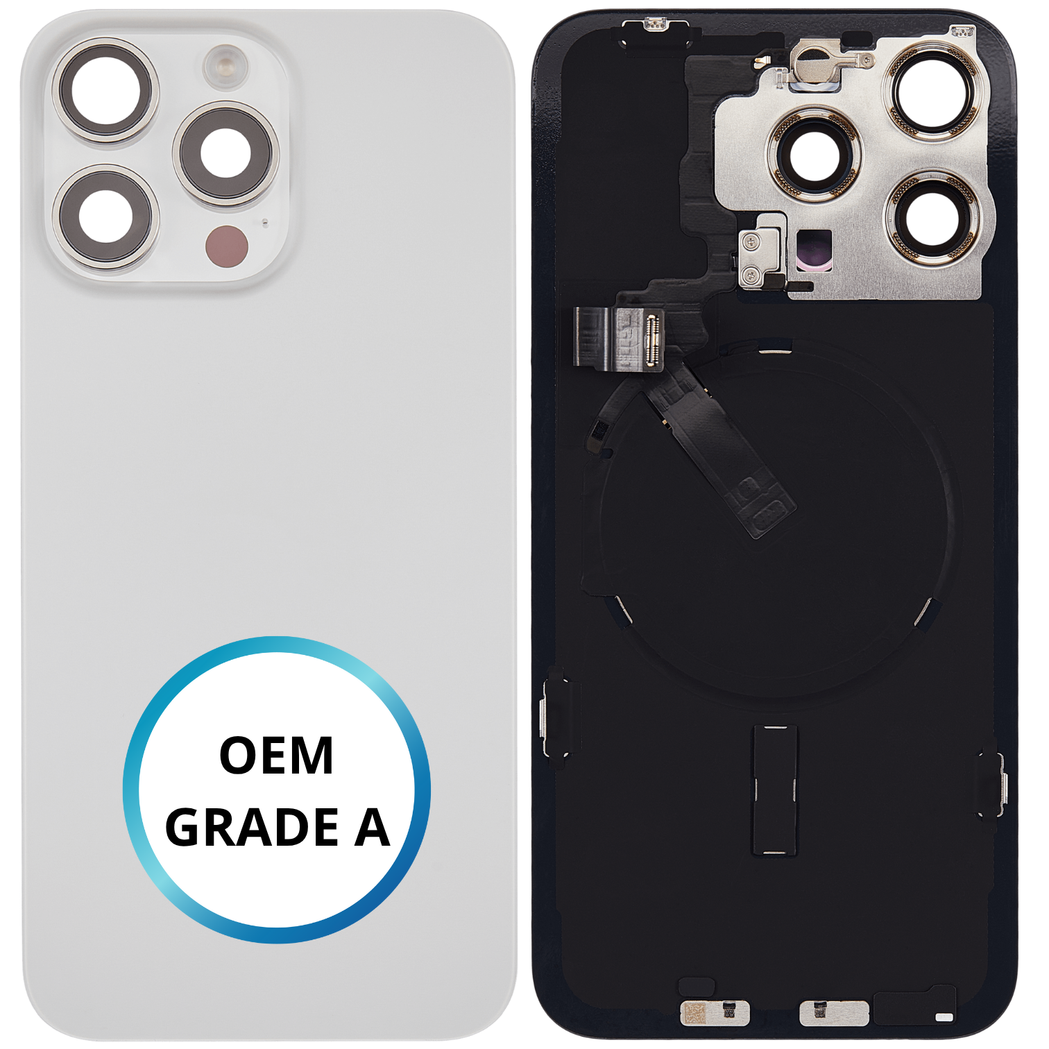 Vitre arrière assemblée - iPhone 15 ProMax - Titane Blanc - NFC + FLASH (ORIGINAL PULLED GRADE A)