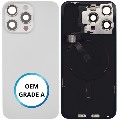 Vitre arrière assemblée - iPhone 15 ProMax - Titane Blanc - NFC + FLASH (ORIGINAL PULLED GRADE A)
