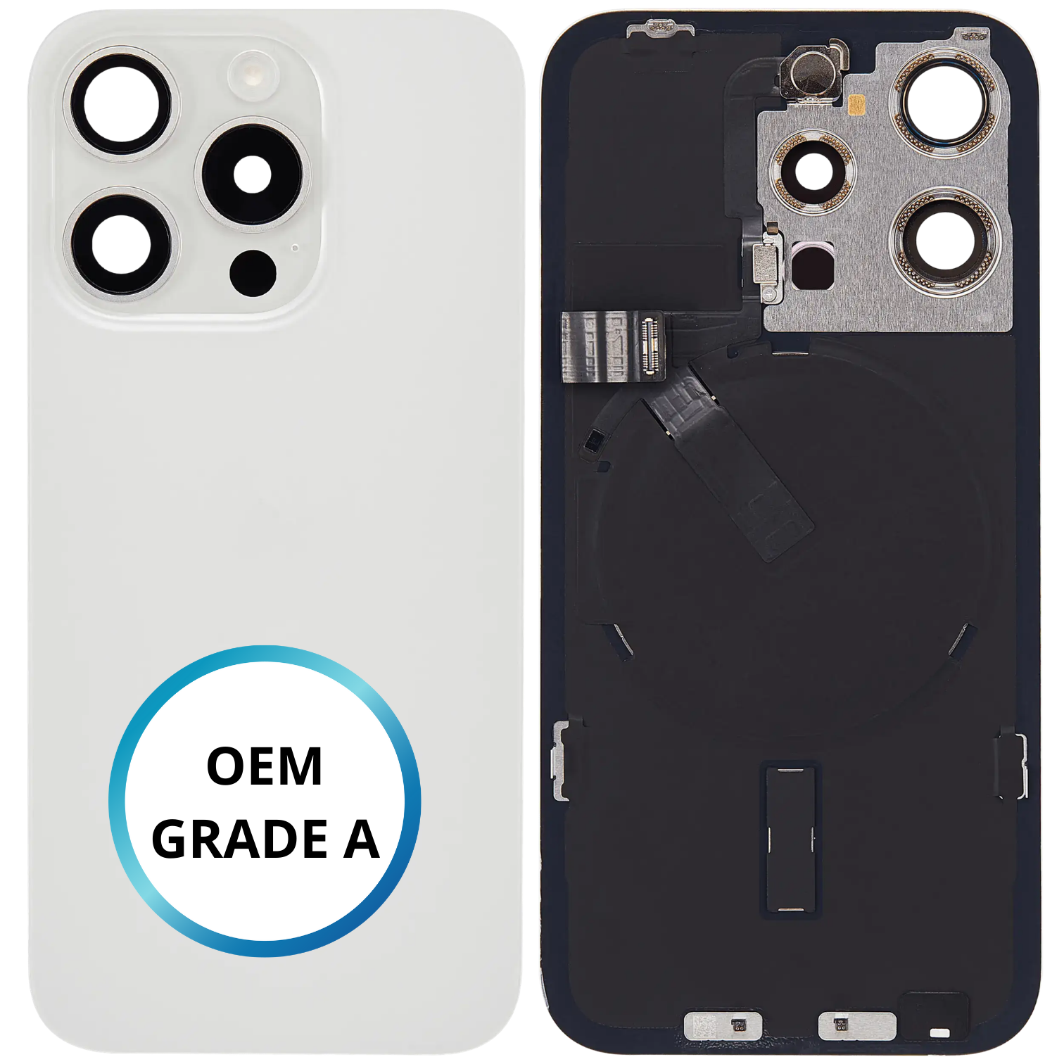 Vitre arrière assemblée - iPhone 15 Pro - Titane Blanc - NFC + FLASH (ORIGINAL PULLED GRADE A)