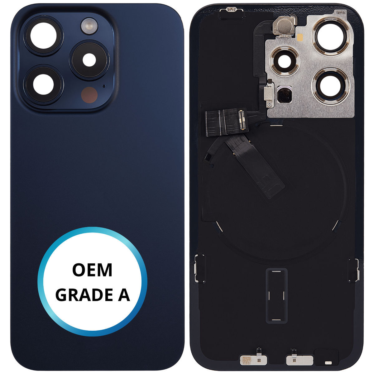 Vitre arrière assemblée - iPhone 15 Pro - Titane Bleu | NFC + FLASH (ORIGINAL PULLED GRADE A)