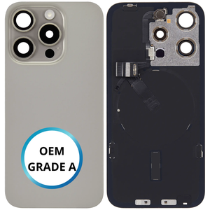 Vitre arrière assemblée - iPhone 15 Pro - Titane Naturel | NFC + FLASH (ORIGINAL PULLED GRADE A)