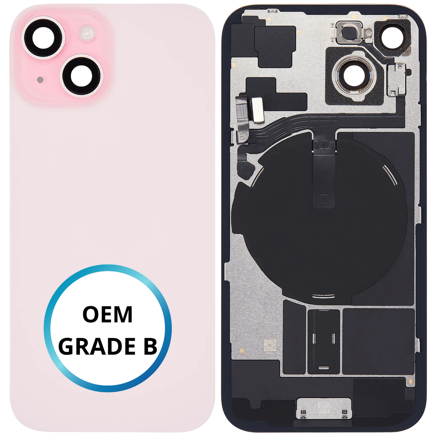 Vitre arrière assemblée - iPhone 15 Rose | NFC + FLASH (ORIGINAL PULLED GRADE B)