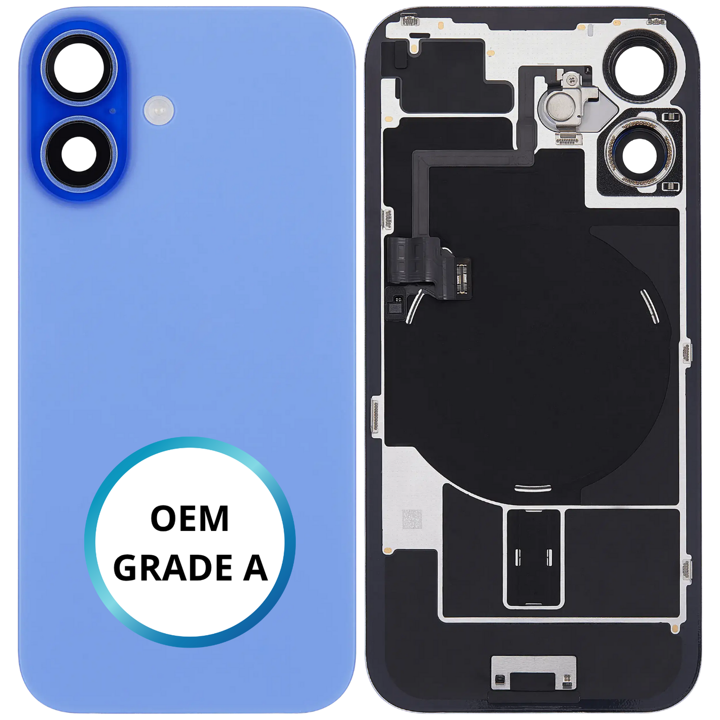 Vitre arrière assemblée - iPhone 16 - Bleu | NFC + FLASH (ORIGINAL PULLED GRADE A)