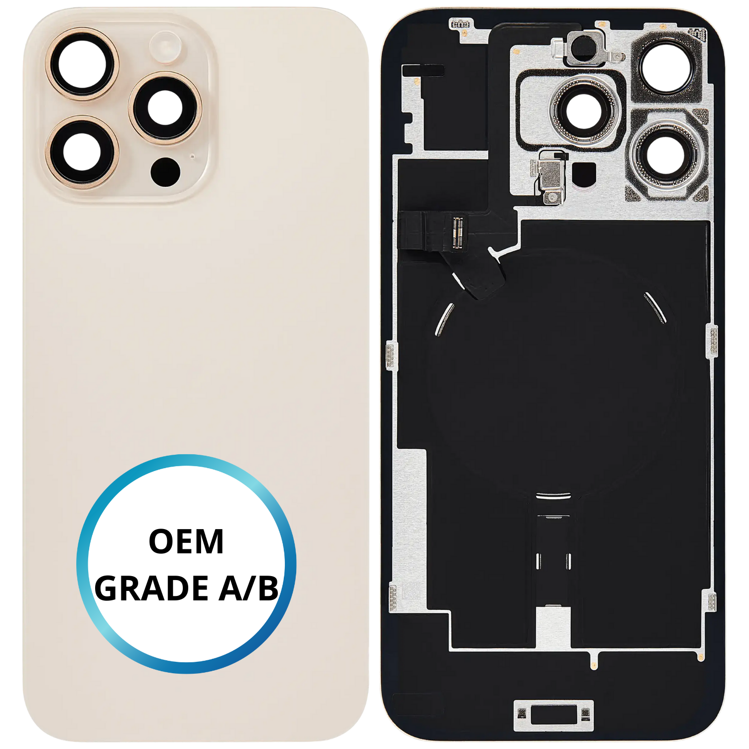Vitre arrière assemblée - iPhone 16 ProMax - Titane Sable (Gold) - NFC + FLASH (ORIGINAL PULLED GRADE A/B)