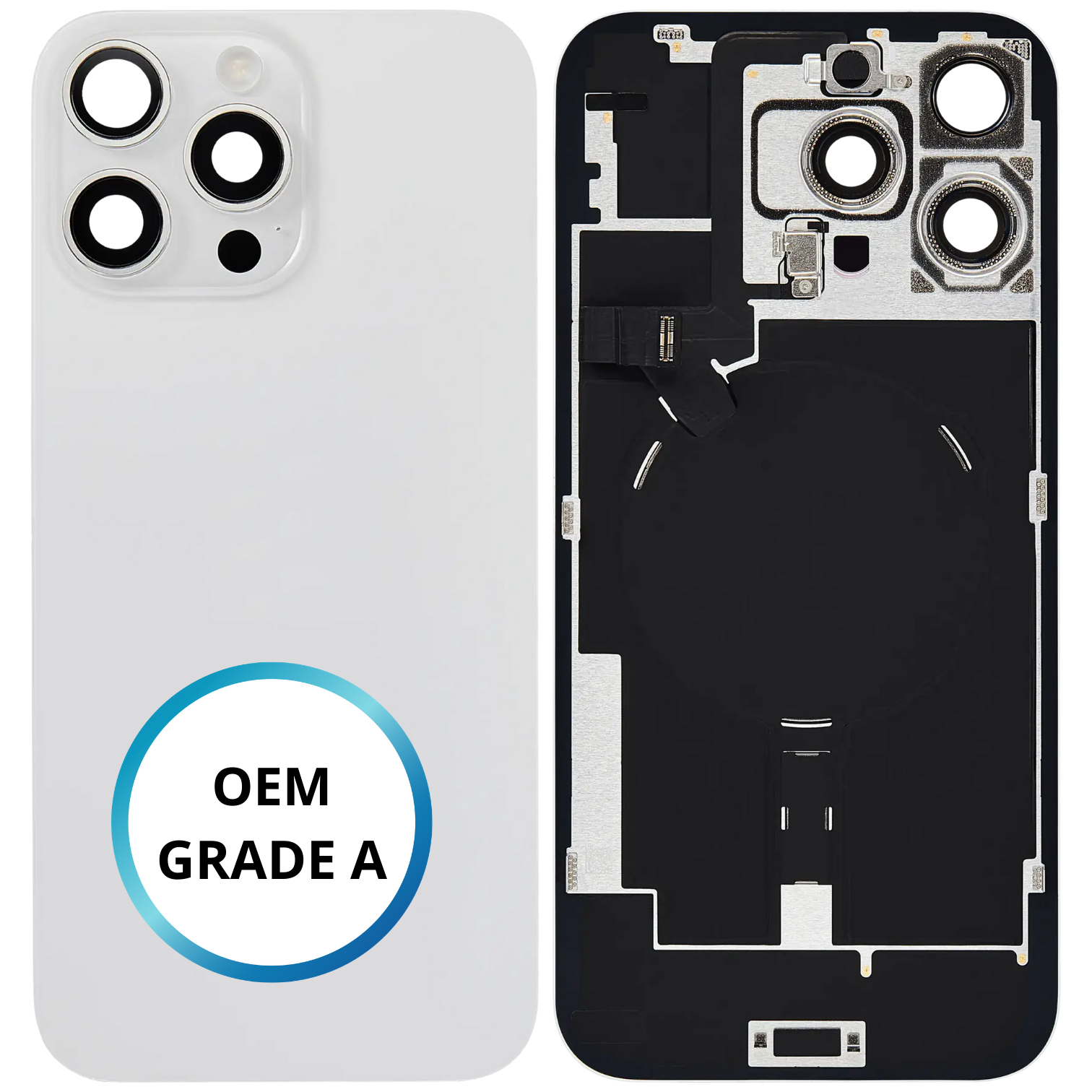 Vitre arrière assemblée - iPhone 16 ProMax - Titane Blanc - NFC + FLASH (ORIGINAL PULLED GRADE A)