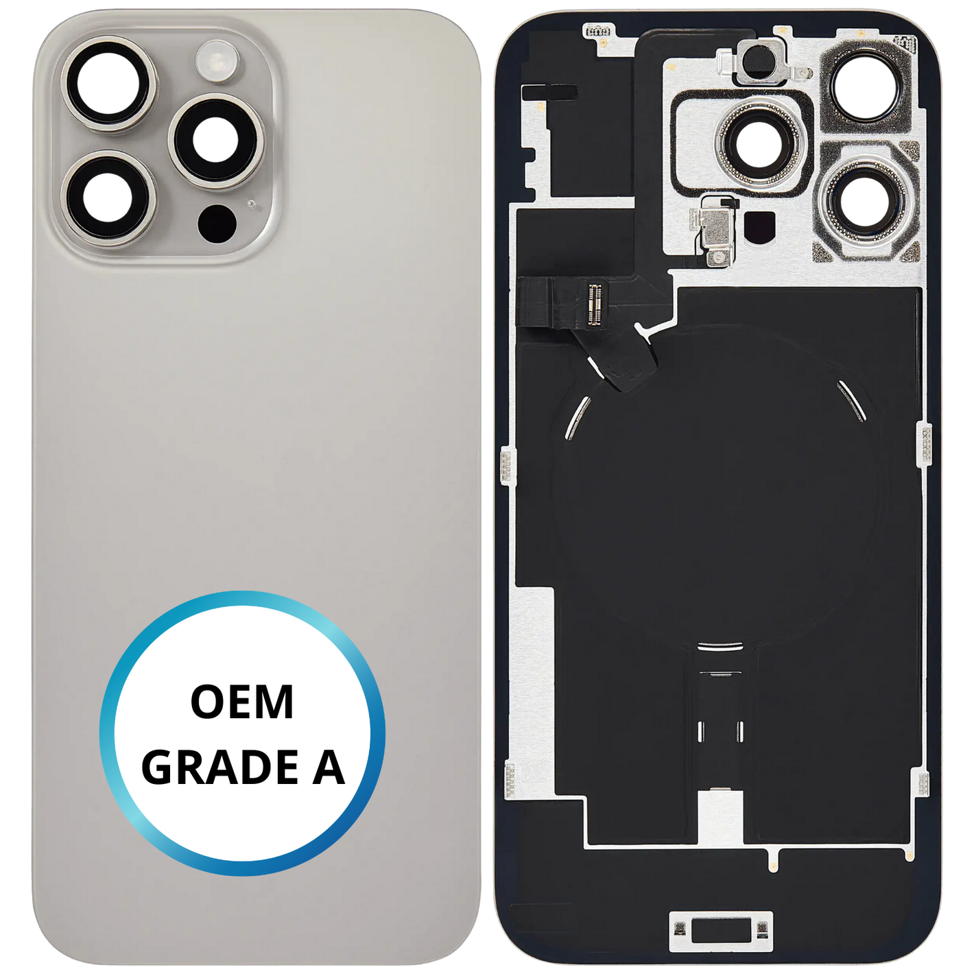 Vitre arrière assemblée - iPhone 16 ProMax - Titane Naturel - NFC + FLASH (ORIGINAL PULLED GRADE A)